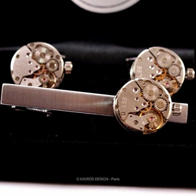 Image for: Cufflinks and tie clip made with watch movements